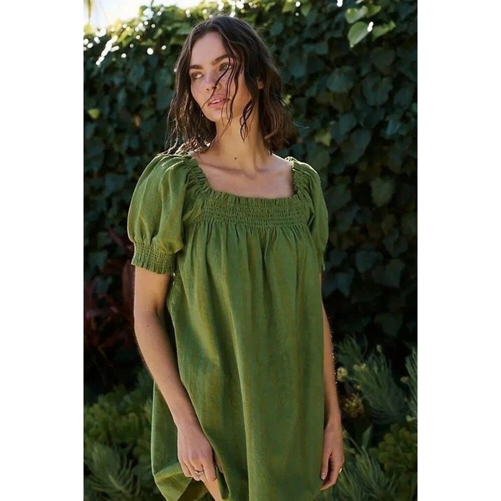 Free People Est Mila Mini Dress Smocked Puff Sleeve Shift Grasshopper L 285433 - Picture 2 of 8